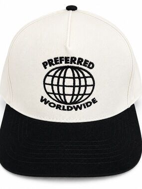 Preferred Worldwide Black & Cream Snapback Hat Embroidered Globe Logo Cap OS